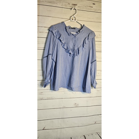 Zara Tops - Zara‎ Long Sleeve Ruffled 3/4 Vneck Button Blouse Top Blue Sz M